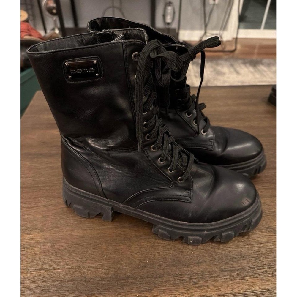 Bebe Oprah Black Chunky Combat Boots 8.5 Y2K Lace Up Zipper Side